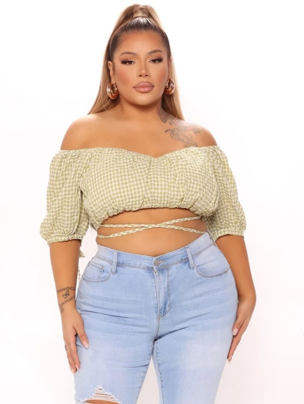 Fashion Nova Sage Gingham Off-Shoulder Crop Top